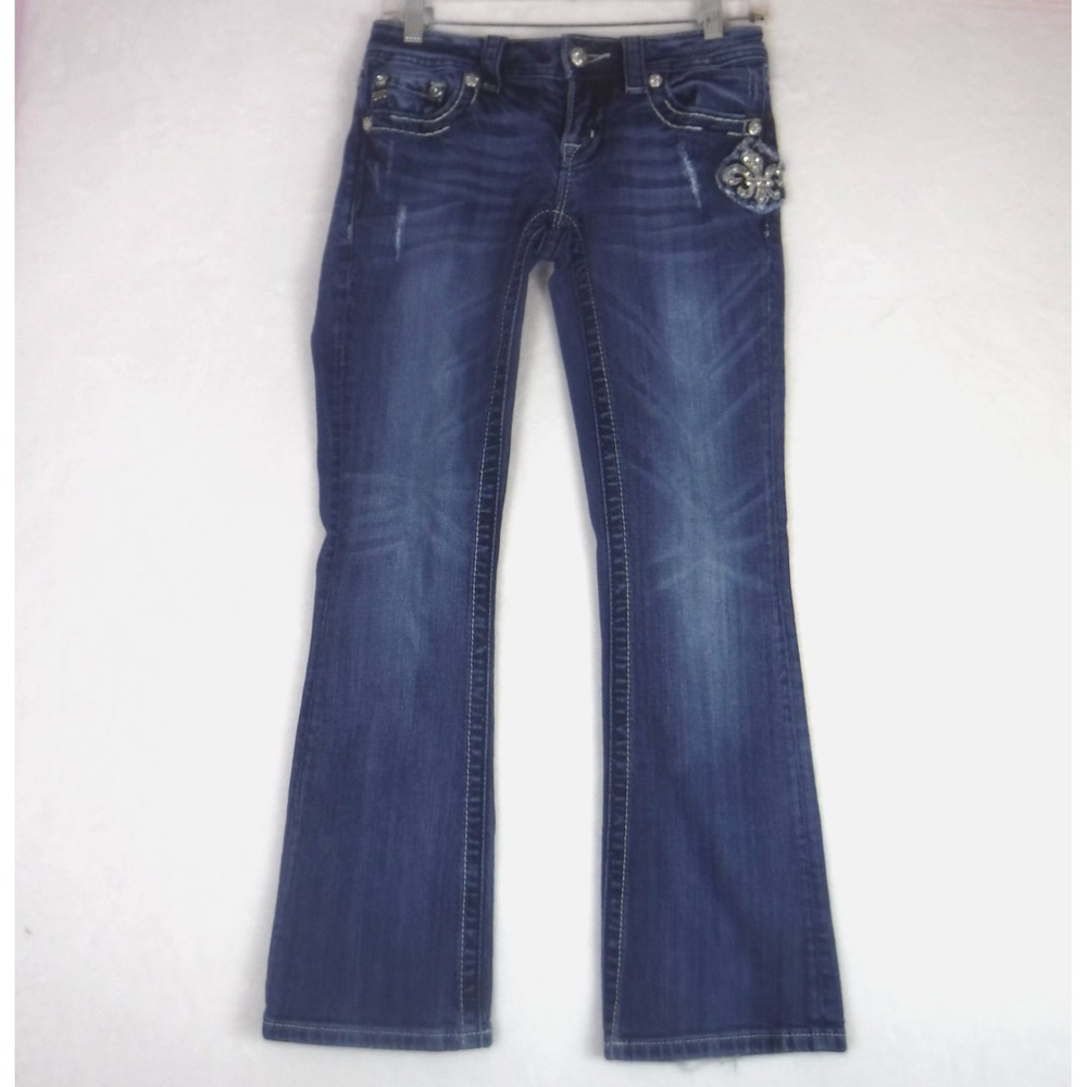 Miss Me Jeans Womensβ 26 Blue Boot Cut Rhinestone Fleur-de-Lis Bling JE5369B6N